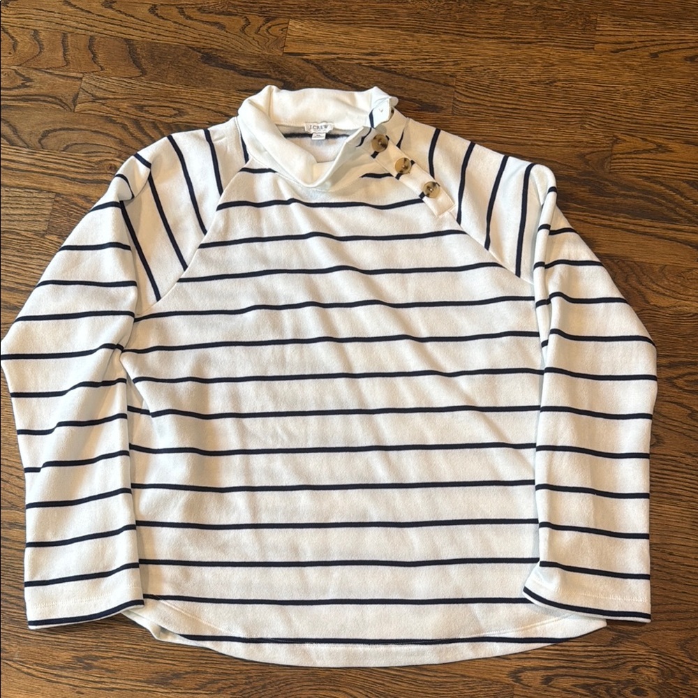 J. Crew Navy/White Striped Sweatshirt w/Button neck & fleece interior size XL